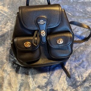 Coach Black Leather Backpack with Gold Accents